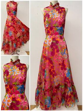 Vintage 60s flower power psychedelic A-Line sweep dress size S/M chiffon halter